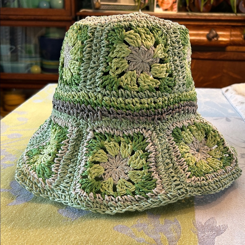 Steve Madden Granny Crochet Squares Bucket/Sun Hat in Shades of Green